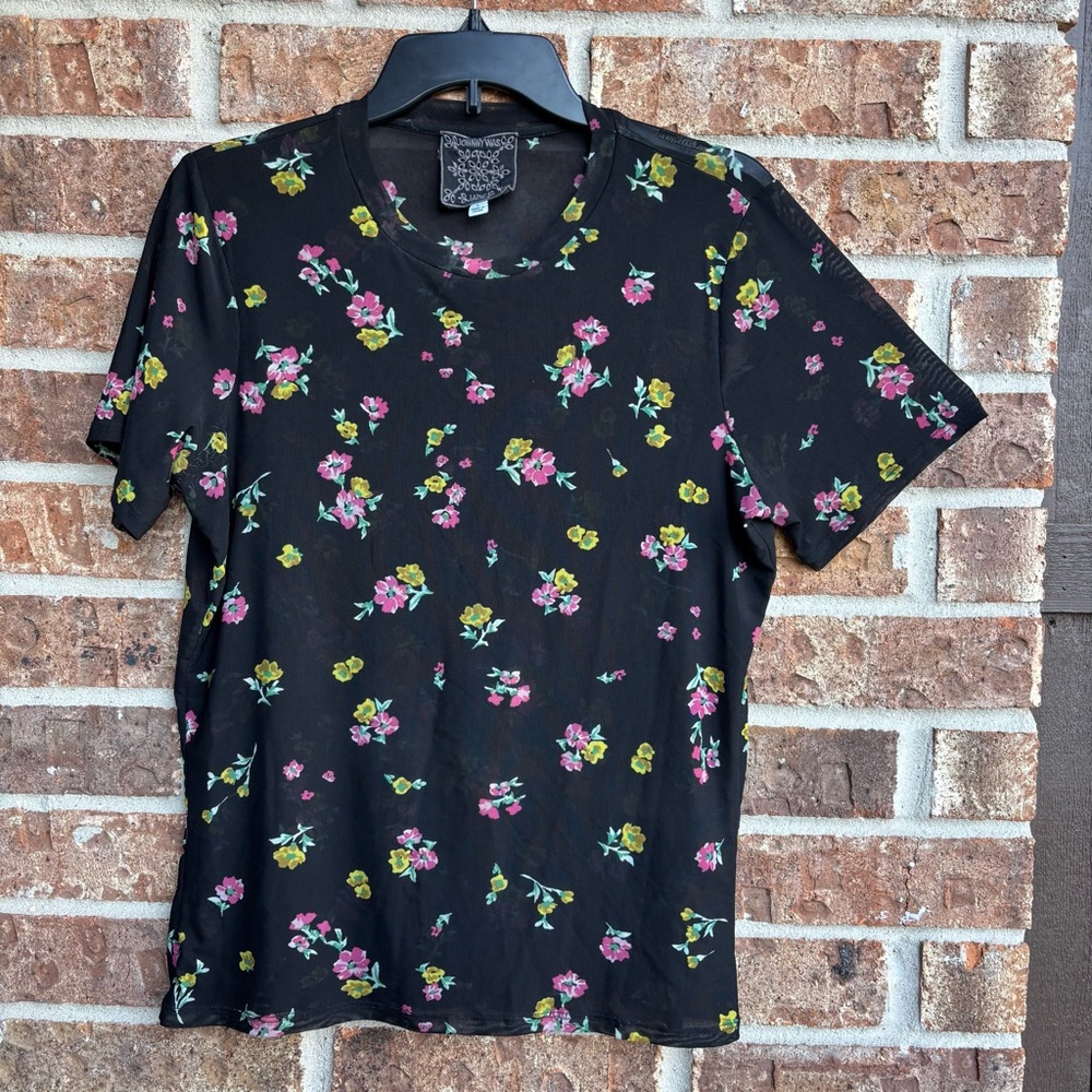 Johnny was Samantha mesh Floral Black T-Shirt FLAW”